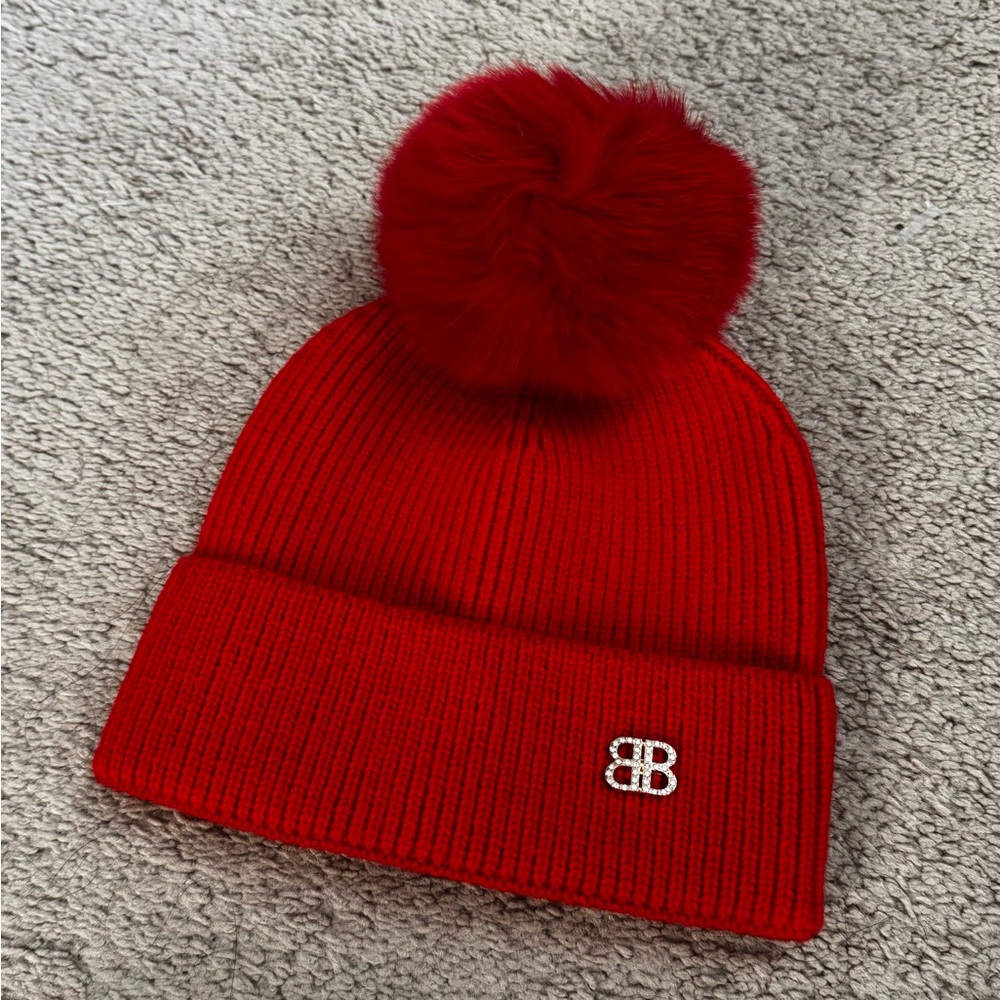 Balenciaga Red Knit Beanie with Pom Pom